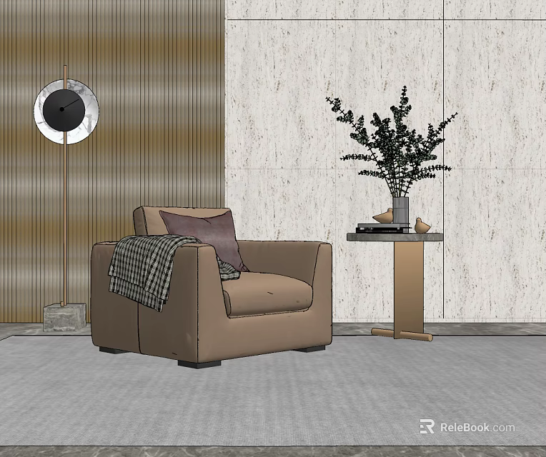 Brown Single Sofa With Side Table Plant Round Mirror Wooden Panel And Stone Wall 3d model