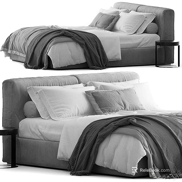 Modern Double Bed With Upholstered Headboard White Sheets Gray Bedspread And Pillows 3d model