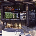 Outdoor Bar Area With Wooden Pergola Wicker Pendant Light Bar Stools And Rattan Chairs