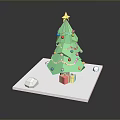 Decorated Green Christmas Tree With Yellow Star Colorful Ornaments And Gift Boxes On White Platform