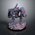 Game Movie Mechanical Character Model With Gray Red Armor Rocky Base And Glowing Lava