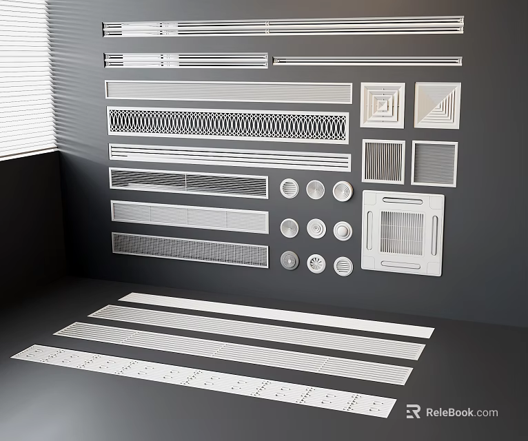 Air Conditioner Vents with Various Grille Designs and Patterns Arranged on Wall and Surface 3d model 