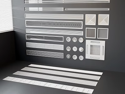 Air Conditioner Vents with Various Grille Designs and Patterns Arranged on Wall and Surface 3d model