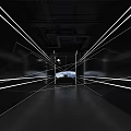 Modern Time Space Art Gallery With Stone Walls Circular Neon Ceiling And Curved Installation