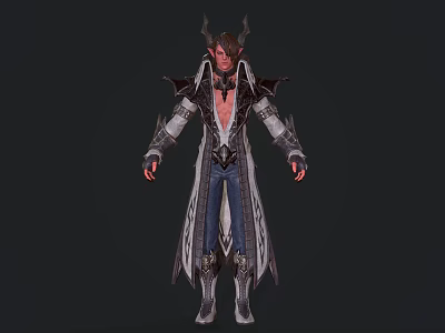 Mystical Fantasy Game Character With Horns Long Decorative Coat And Red Accents 3d model
