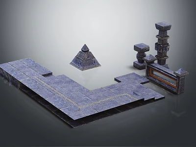 Cartoon Scene Featuring Stone Platform Small Pyramid Tower Structures And Decorated Gate 3d model