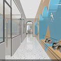 Modern Entrance Hall With Wooden Decor Mirrors Colorful Terrazzo Floor Sofa And Display Cases