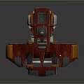 Red And Orange Interstellar Spaceship Design With Architectural Structures And Thrusters
