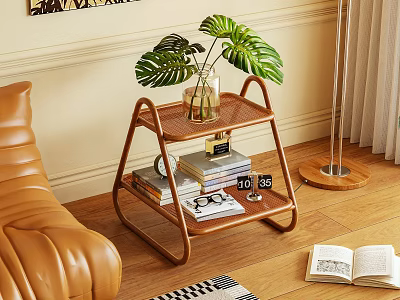 Wooden Two Tier Side Table With Green Plant Vase And Books In Living Room 3d model
