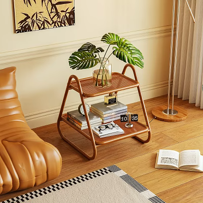 Wooden Two Tier Side Table With Green Plant Vase And Books In Living Room 3d model