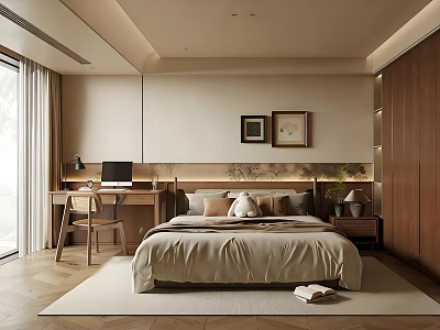 Homestay Guest Room with Cozy Bed Wooden Desk Chair and Framed Artworks in Minimalist Design 3d model