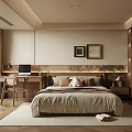 Homestay Guest Room with Cozy Bed Wooden Desk Chair and Framed Artworks in Minimalist Design