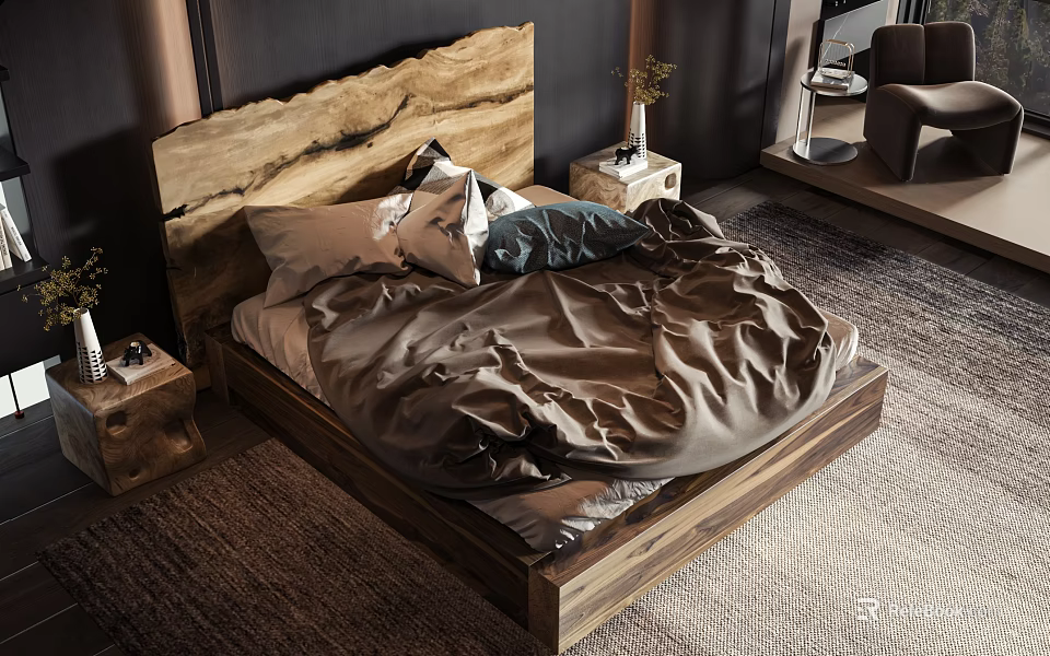 Cozy Double Bed With Natural Wooden Headboard Gray Bedding And Wooden Nightstands 3d model 