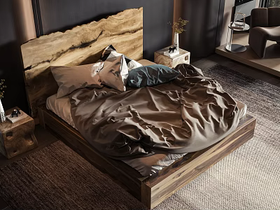 Cozy Double Bed With Natural Wooden Headboard Gray Bedding And Wooden Nightstands 3d model