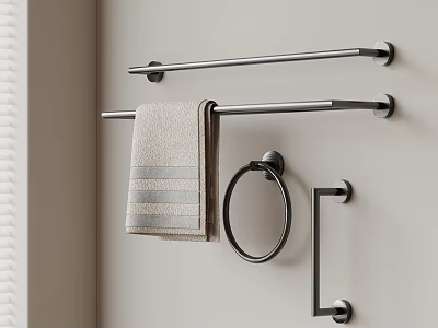 Beige Towel With Gray Stripes Hanging On Bathroom Towel Rack And Ring 3d model