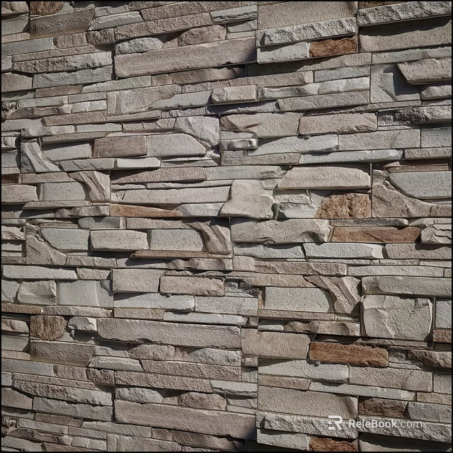 Natural Stone Building Exterior Wall With Layered Textured Slabs And Mixed Color Patterns 3d model 