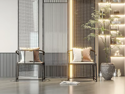 Comfortable Leisure Chairs with Soft Pillows Lattice Screen Green Plant and Shelf in Modern Room 3d model