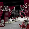 Banquet Hall Decorated For Wedding Party With Pink Floral Decor Chandeliers And Petals