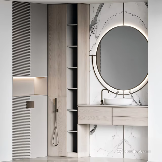 Modern Bathroom Vanity with Circular Backlit Mirror Built in Shelves Light Wood Cabinet and Marble Wall 3d model 