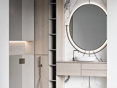 Modern Bathroom Vanity with Circular Backlit Mirror Built in Shelves Light Wood Cabinet and Marble Wall 3d model