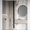 Modern Bathroom Vanity with Circular Backlit Mirror Built in Shelves Light Wood Cabinet and Marble Wall