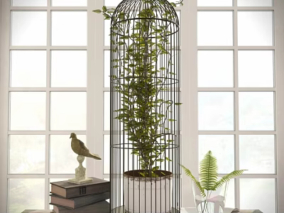 Indoor Decorative Ornament Set Featuring Birdcage Planter Green Plants Bird Figurine And Fern 3d model