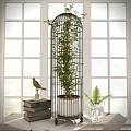 Indoor Decorative Ornament Set Featuring Birdcage Planter Green Plants Bird Figurine And Fern