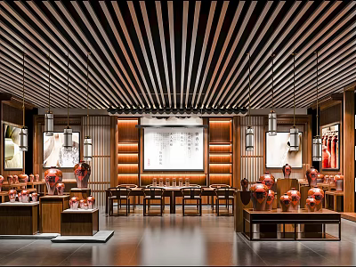 Chinese Style Boutique Store Interior With Wooden Ceiling And Artwork Display Shelves 3d model