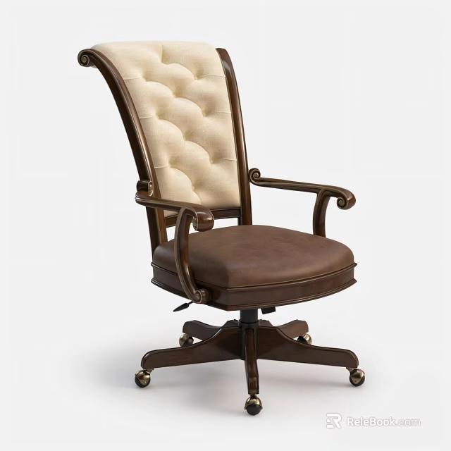 Classic Style Office Chair With Beige Tufted Backrest Dark Wooden Armrests And Brown Seat Cushion 3d model 