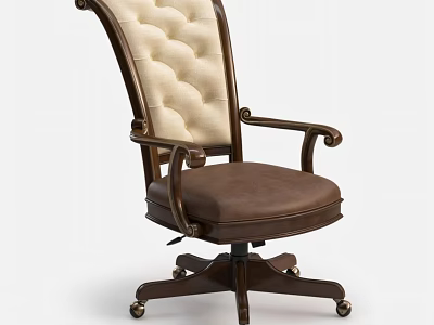 Classic Style Office Chair With Beige Tufted Backrest Dark Wooden Armrests And Brown Seat Cushion 3d model