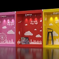 Vibrant Photo Check-in Spot With Pink Red Yellow Booths Cloud Decorations And City Skyline Silhouettes 3d model