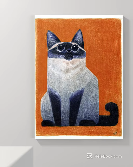 Siamese Cat Painting In Sitting Posture With Orange Background Blue Gray Fur And White Chest 3d model 