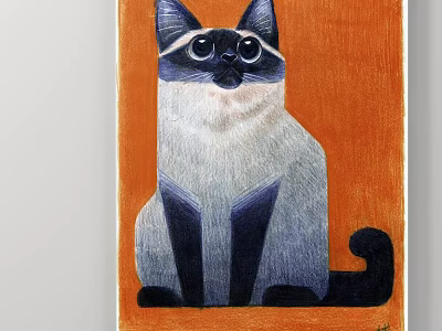 Siamese Cat Painting In Sitting Posture With Orange Background Blue Gray Fur And White Chest 3d model