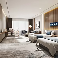 Modern Hotel Room Interior With Twin Beds Wooden Wall Panels TV Desk Chair And Carpet