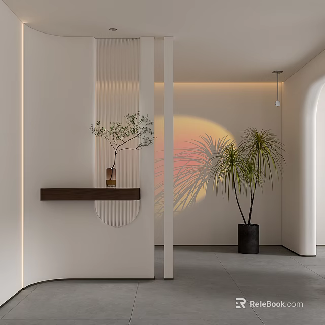 Modern Minimalist Entryway Design With Curved Partition Potted Plants And Sunset Light 3d model 