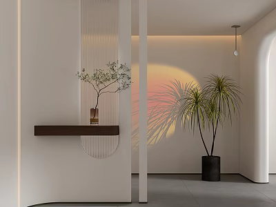 Modern Minimalist Entryway Design With Curved Partition Potted Plants And Sunset Light 3d model
