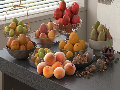 Assorted Fresh Fruits Red Apples Pears Peaches in Bowls Basket and Glass Containers on Table 3d model