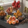 Assorted Fresh Fruits Red Apples Pears Peaches in Bowls Basket and Glass Containers on Table