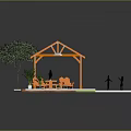 Cartoon Scene of Outdoor Area With Orange Pavilion Bench Table People Pool and Plants