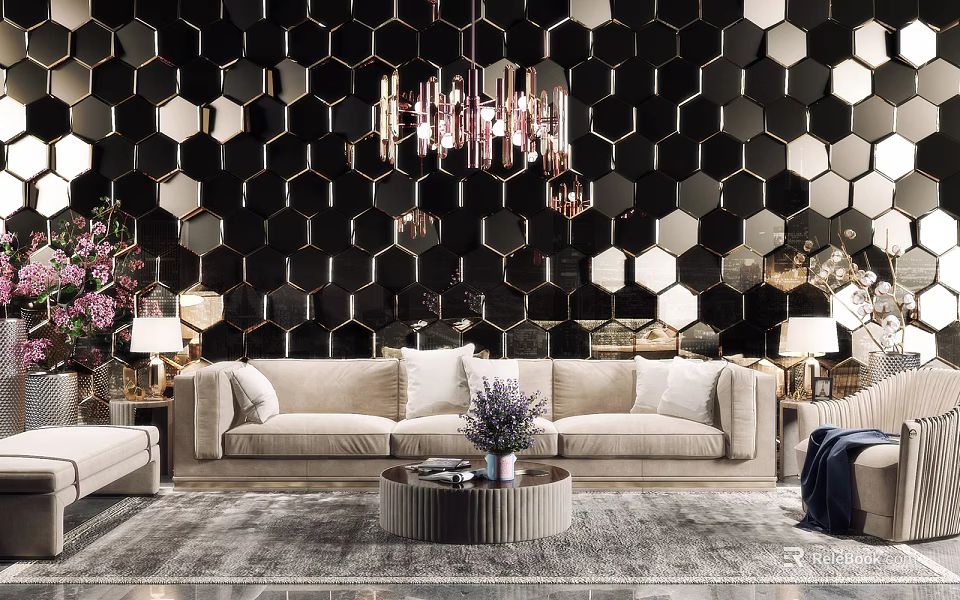 Luxurious Sofa Coffee Table Set With Black Hexagonal Mirrored Wall Chandelier And Table Lamps 3d model 