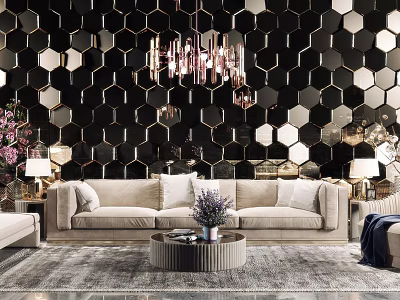 Luxurious Sofa Coffee Table Set With Black Hexagonal Mirrored Wall Chandelier And Table Lamps 3d model