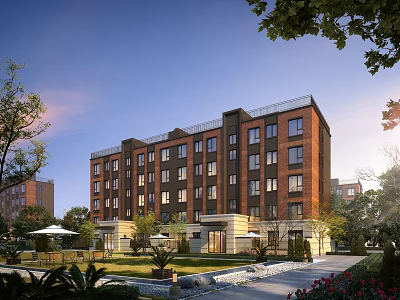 Modern Multi Story Residential Building With Red Brick Facade And Surrounding Greenery 3d model
