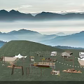 Garden Landscape Featuring Distant Mountains Lush Grassland Camping Tents Vehicles Outdoor Tables and String Lights
