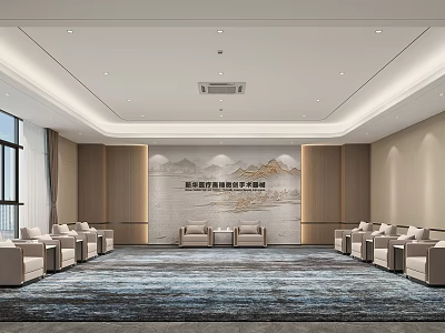 Hotel Public Lounge Area Featuring Comfortable Sofas Large Carpet And Modern Wall Decor 3d model