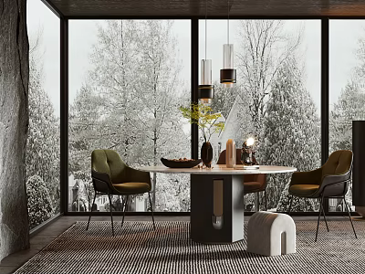 Elegant Dining Table Set with Round Top Green Chairs Pendant Lights and Snowy Tree View by Large Windows 3d model