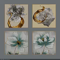Botanical Paintings With Golden Accents And White Blue Floral Designs For Home Decor