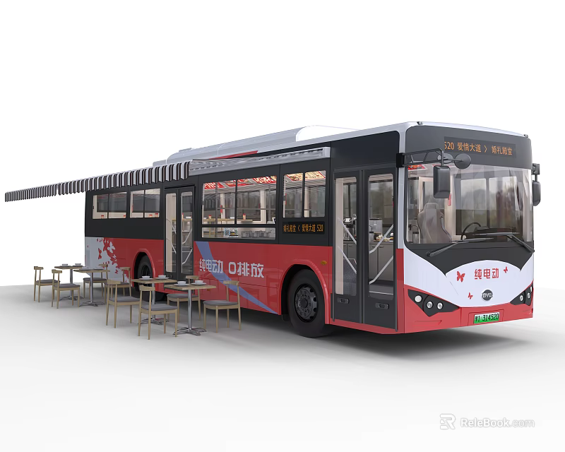 Modern Urban Red Black Bus with Large Windows and Adjacent Tables and Chairs 3d model 
