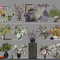 Colorful Flowers in Various Vases with Different Types Glass Ceramic Wooden Containers on Shelves