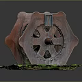 Vintage Mechanical Decorative Household Ornament With Rusty Red Metal Structure And Green Base