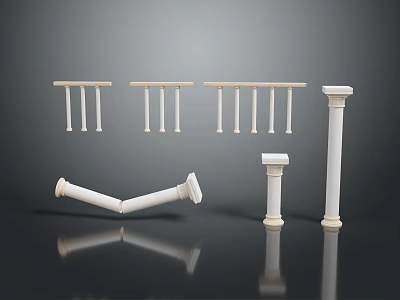 Scenic Architectural Landscape with White Pillars Railings Various Shapes Sizes Upright Leaning Dark Background Reflections 3d model